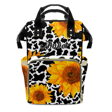 XOZOTY White Black Cow Pattern Sunflower Diaper Bags Backpack with Name Personalized Baby Nursing Nappy Travel Tote Bag Gifts fo