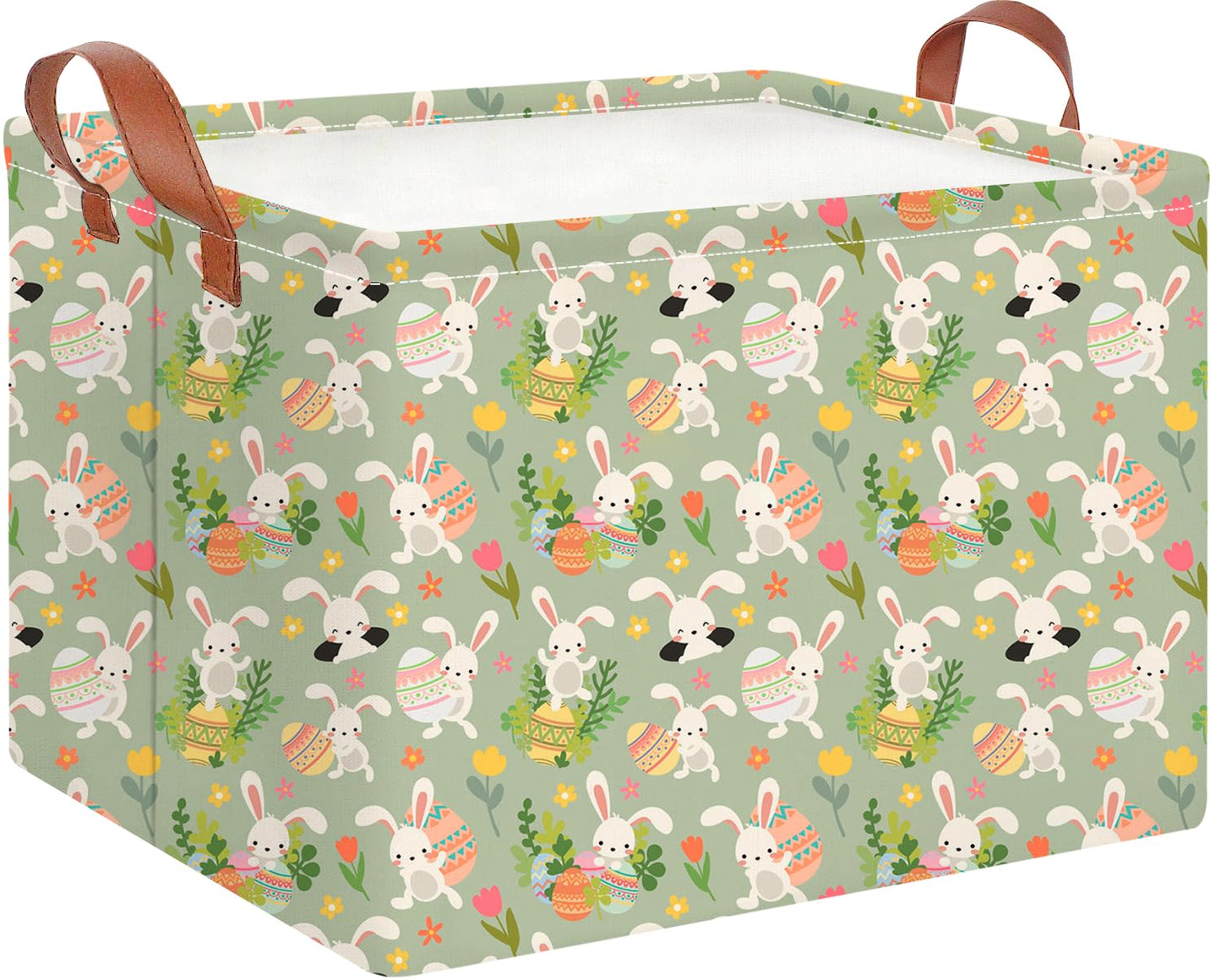 CLOCOR Rectangular Easter Gift Basket Empty,Waterproof Storage Basket with Handles,Room Decor(Pink Flower Easter Egg)