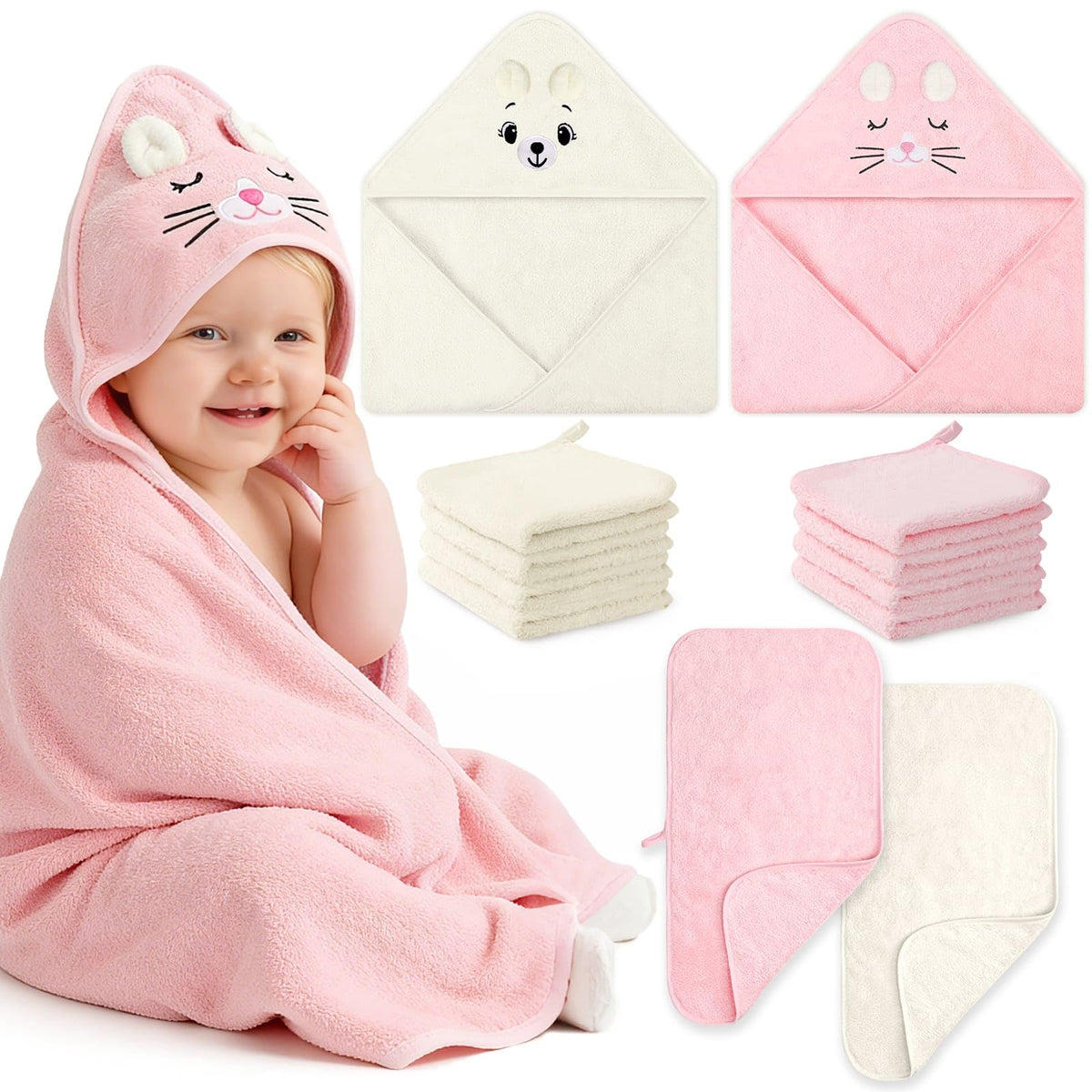 Flasoo 12 PCS Baby Bath Towels Set for Infants Toddlers, 2 Pcs Animal Hooded Baby Towels 2 Pcs Baby Burp Cloths & 8 PCS Washclot