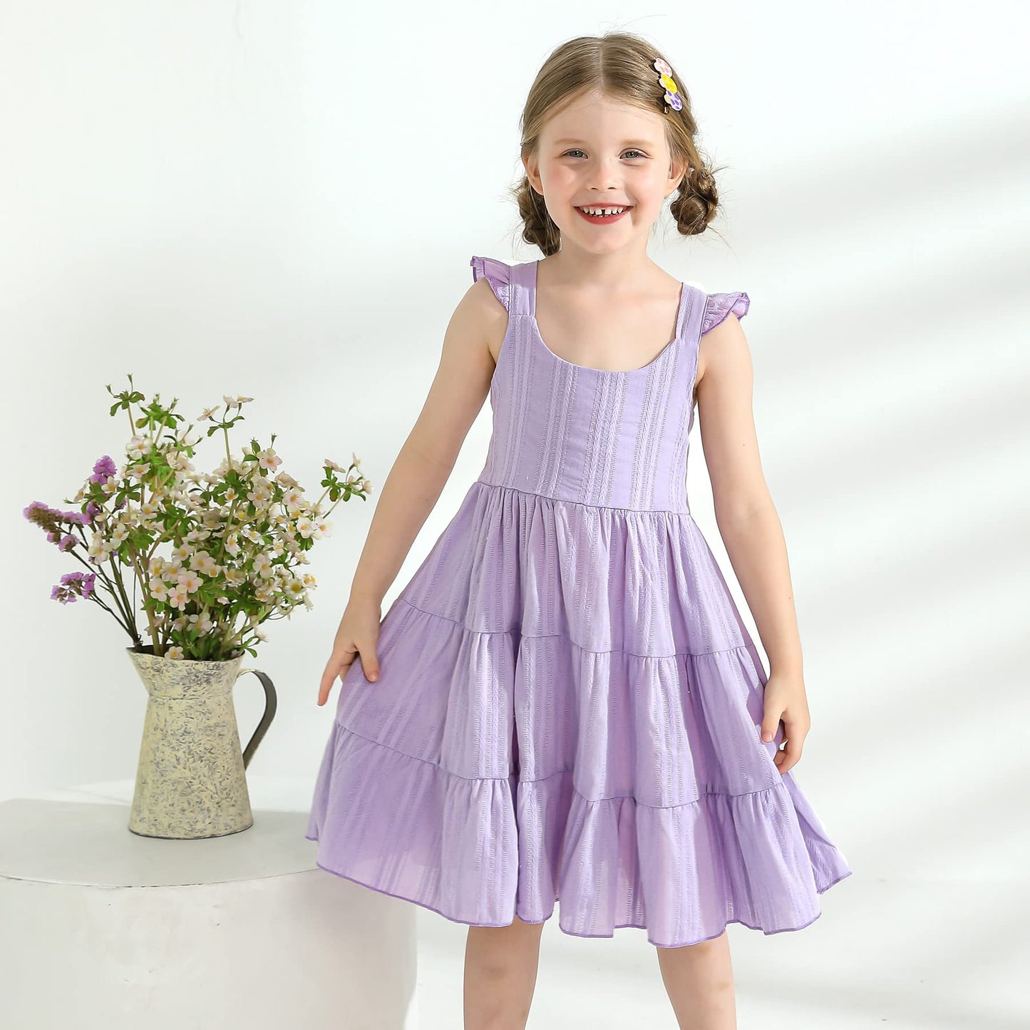 Younger Tree Toddler Baby Girl Dress Summer Outfits Flutter Sleeve Smocked Dress Kids Causal Boho Dresses Clothes (6-7T, Purple