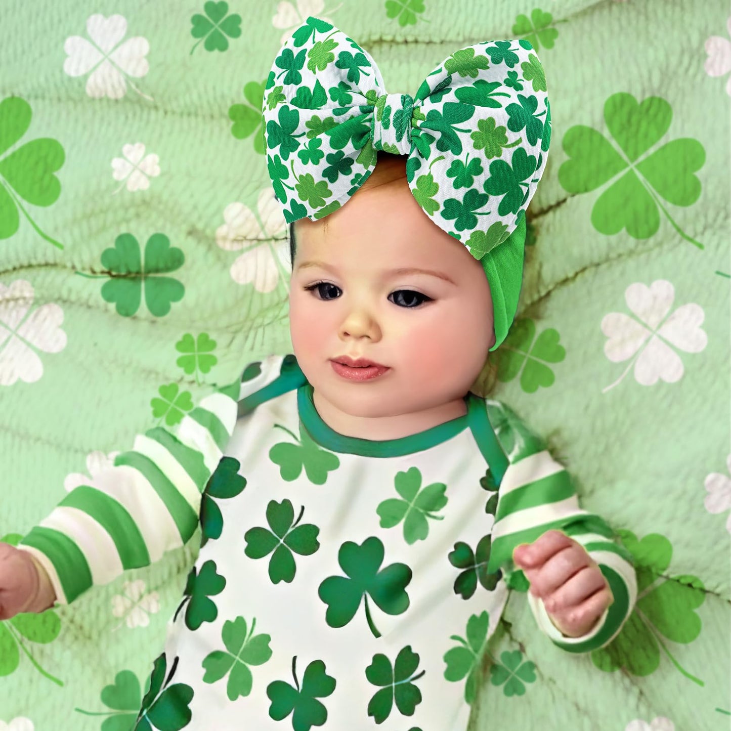 Oneninedream Hairband, St.Patrick'S Day Hair Accessories For Infant Baby Girls, Green Headbands With Bows, Shamrock Print, Nylon