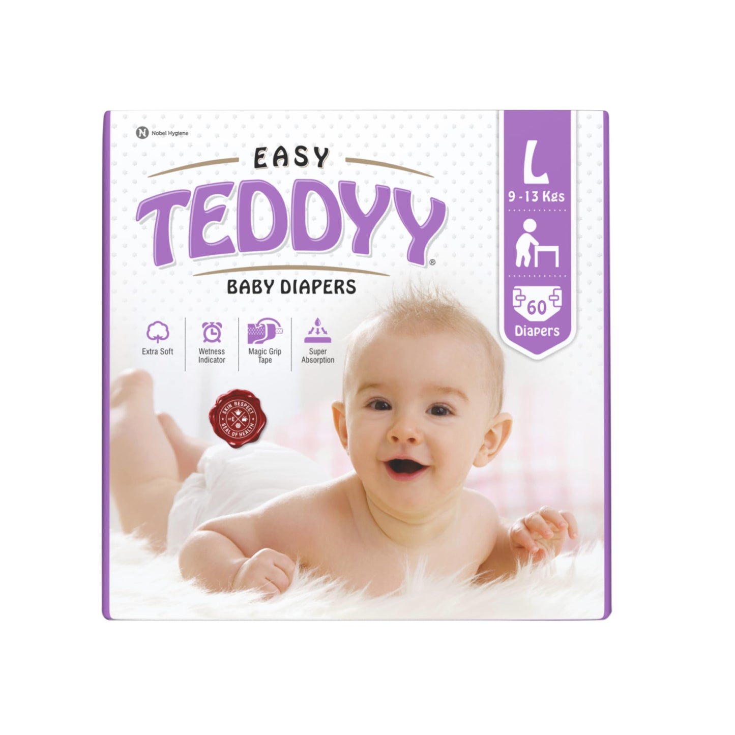 Teddyy Easy Baby L Size Diaper Tape Style | 60 Count (Large) | 913 Kgs (Pack Of 1) | Quick Absorbency | Extra Super Soft | Anti