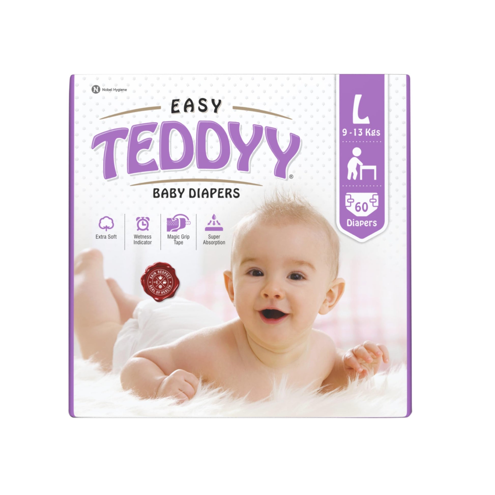Teddyy Easy Baby L Size Diaper Tape Style | 60 Count (Large) | 913 Kgs (Pack Of 1) | Quick Absorbency | Extra Super Soft | Anti