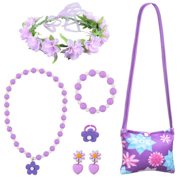 Purple Princess Costume Dress For Girls Birthday Halloween Party Dress Up With Bag Headband Necklace Earrings Ring Accessories 4