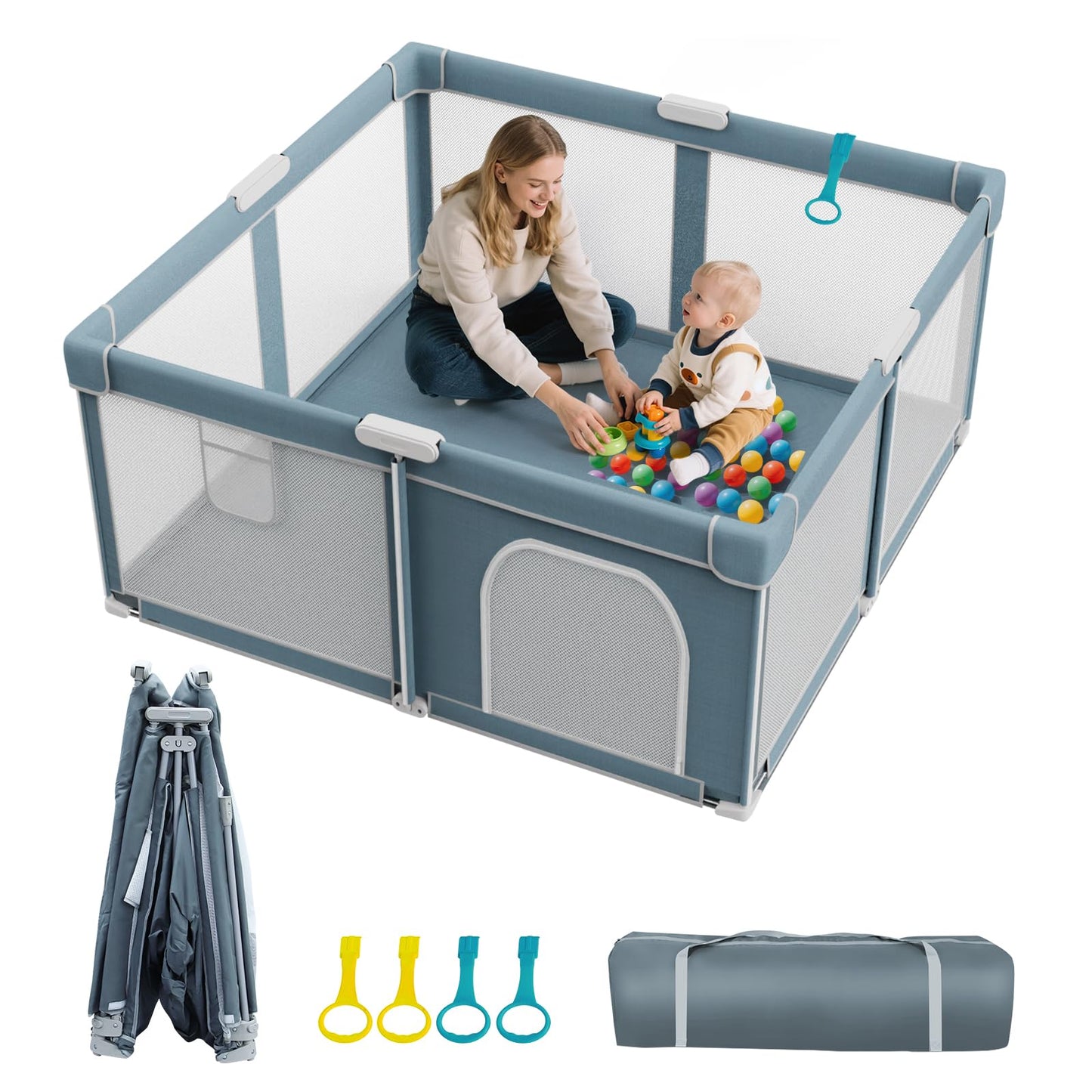Foldable Baby Playpen - 70  59 Collapsible Play Pen for Babies and Toddlers - Indoor Outdoor Foldable Play Yard with 4 Handles -