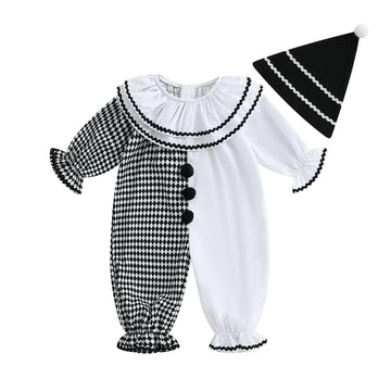 Aiwpstoin Toddler Baby Clown Costume Boy Girl Funny Halloween Outfit Contrast Color Long Sleeve Jumpsuit with Hat (White, 12-18 