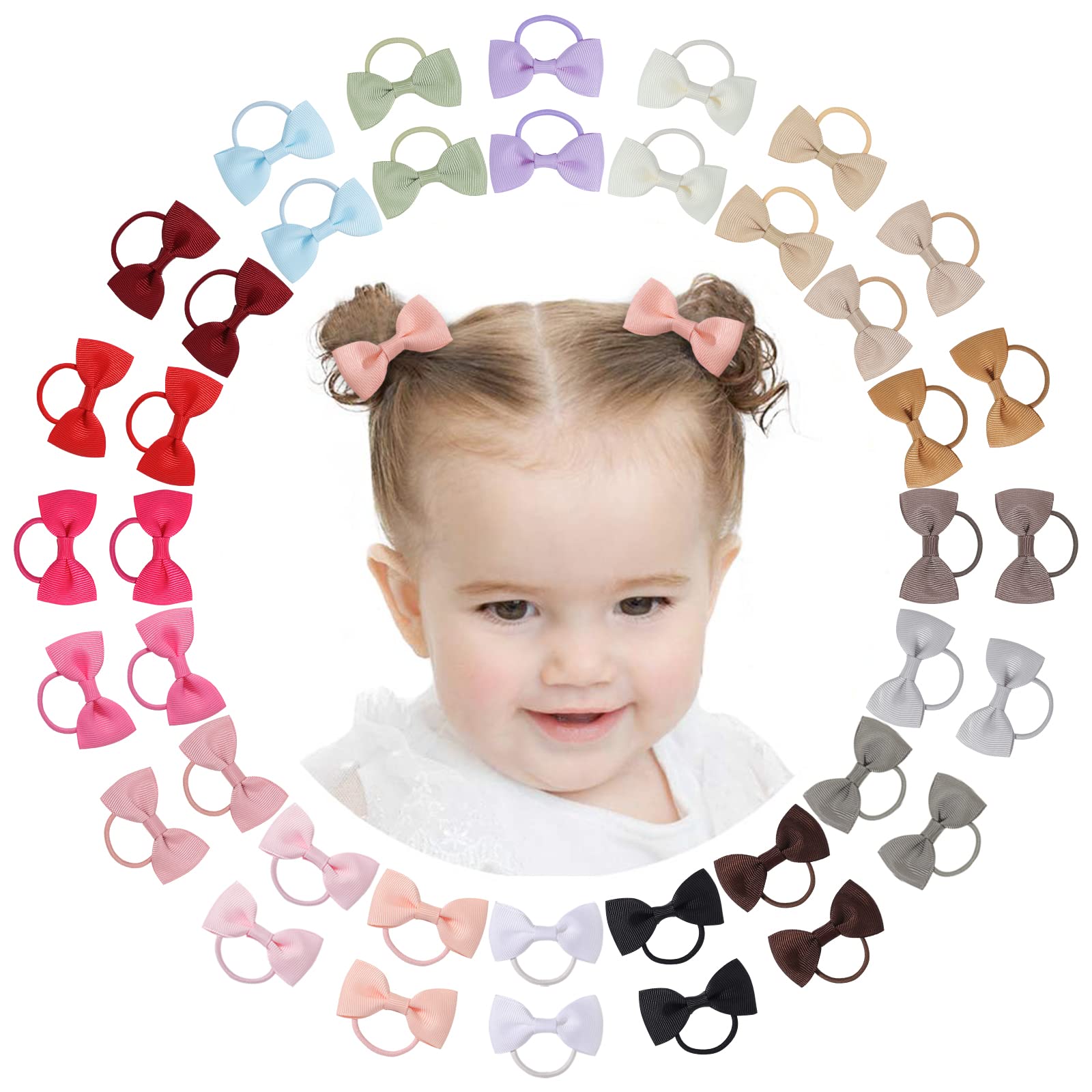 40Pcs 2 Inches Baby Girls Hair Bows Ties Mini Boutique Elastic Hair Rubber Ribbon Hair Band Accessories For Kids Toddlers Infant