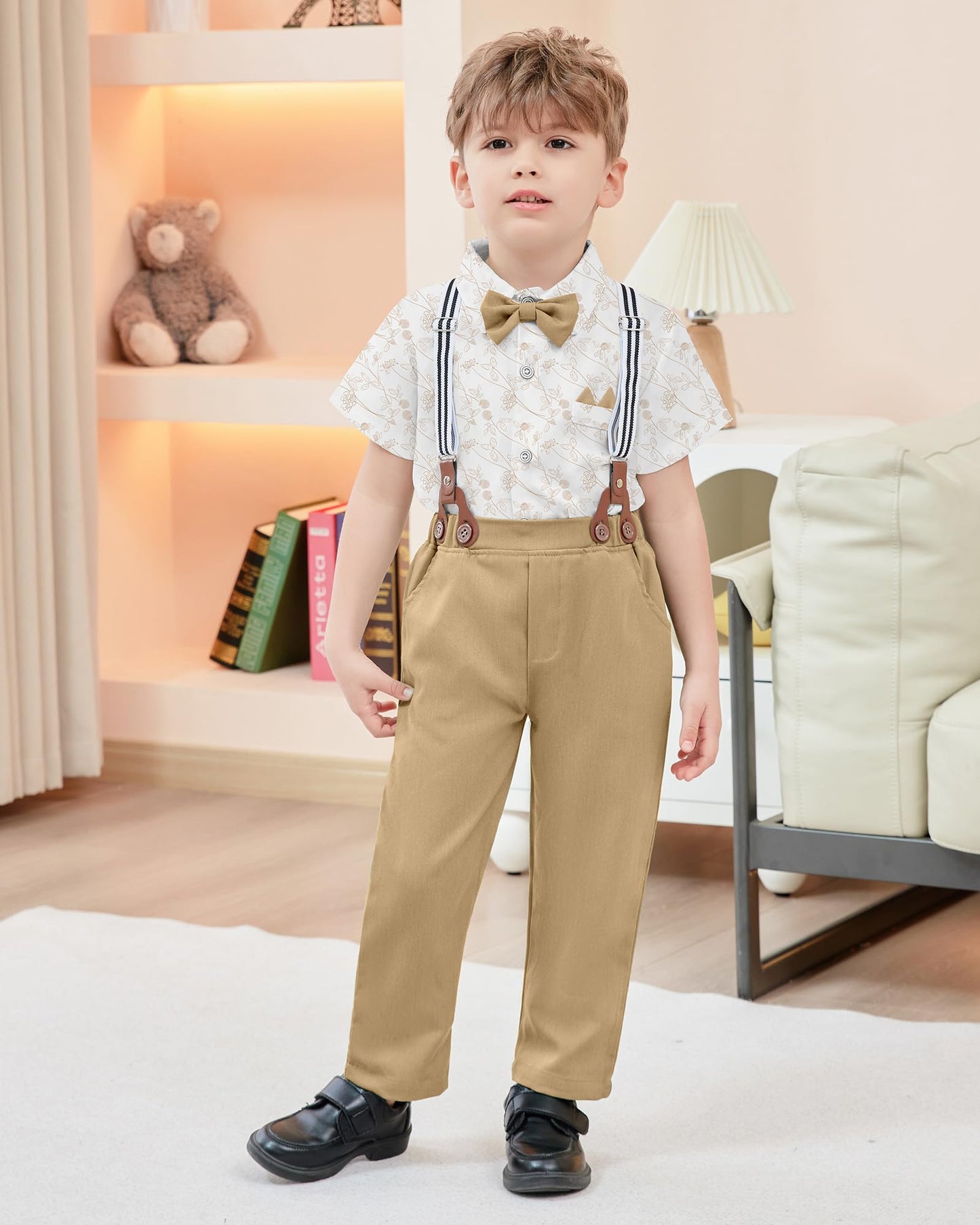 Yallet Toddler Baby Boy Clothes Suit Gentleman Wedding Outfits, Formal Dress Shirt+Bowtie+Vest+Boutonniere+Suspender Pants(L Cla