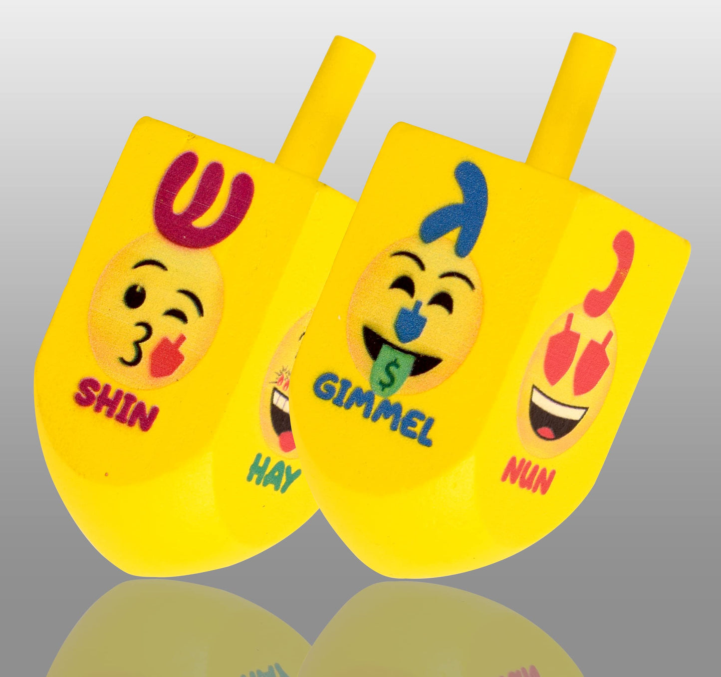 Izzy 'N' Dizzy Hanukkah Dreidels - Emoji Printed Wood Dreidel - 2 Pack Large - Chanukah Spinning Draidel Game
