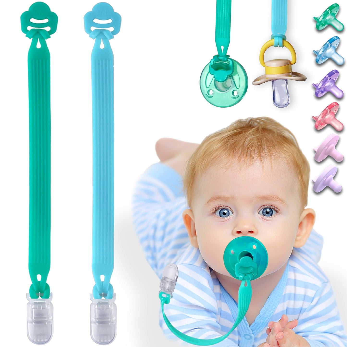 Silicone Pacifier Clip with Adapter Ring for Philips Avent Soothie, 2 Pack One-Piece Soft Binky Clips Holder for Baby Boys Girls