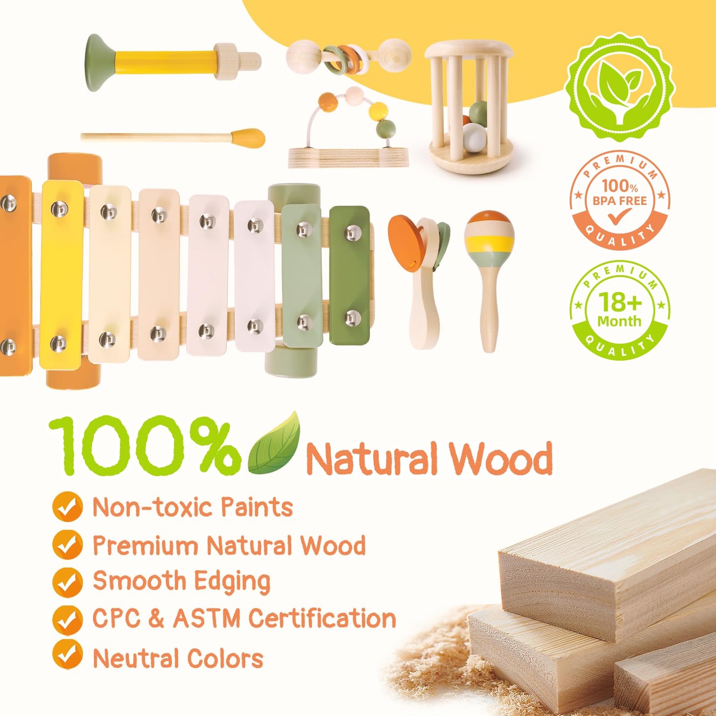 Musical Instruments 7PCS Baby Musical Toys for 18M+ Toddler Toys for 2 3 Years Old Boy Girl Wooden Xylophone Maraca Trumpet Ratt