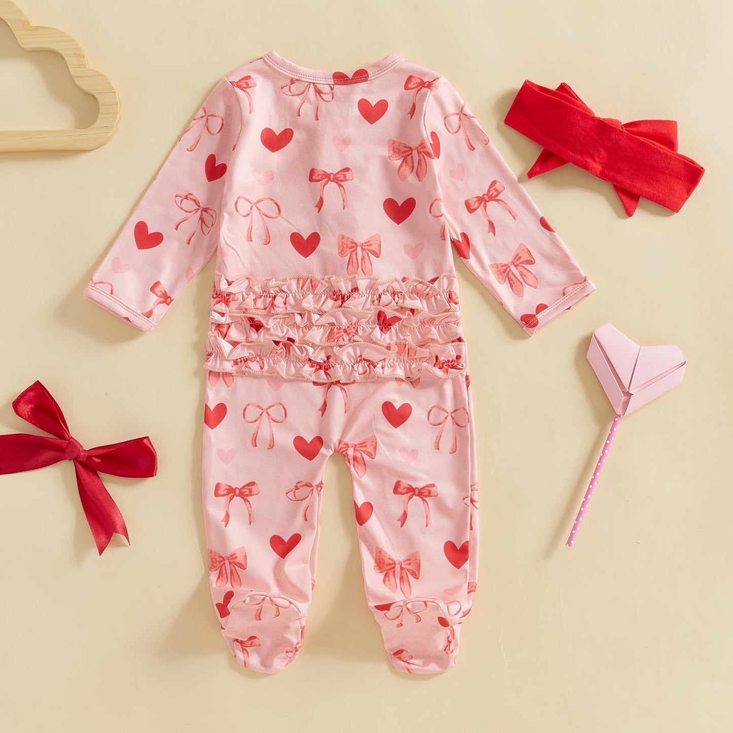 Doisbetthsay Valentines Day Baby Girl Outfit Long Sleeve Heart Print Romper Bodysuit Jumpsuit With Headband Baby Clothes (Bow Pi