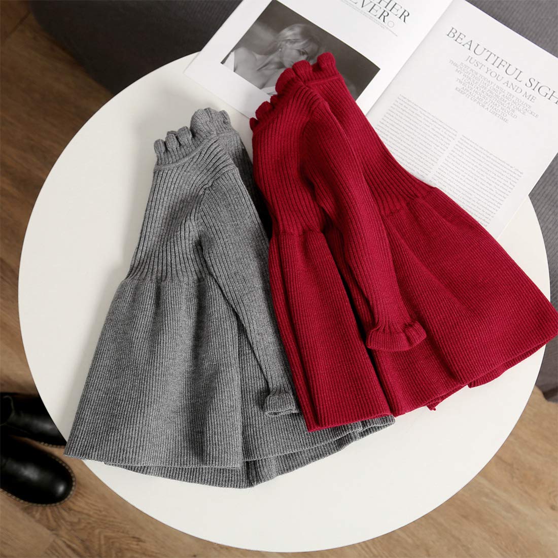 Simplee Kids Little Girls' Long Sleeve Girl Dresses And Rompers Ribbed Knit Sweater Dress Red For 2T