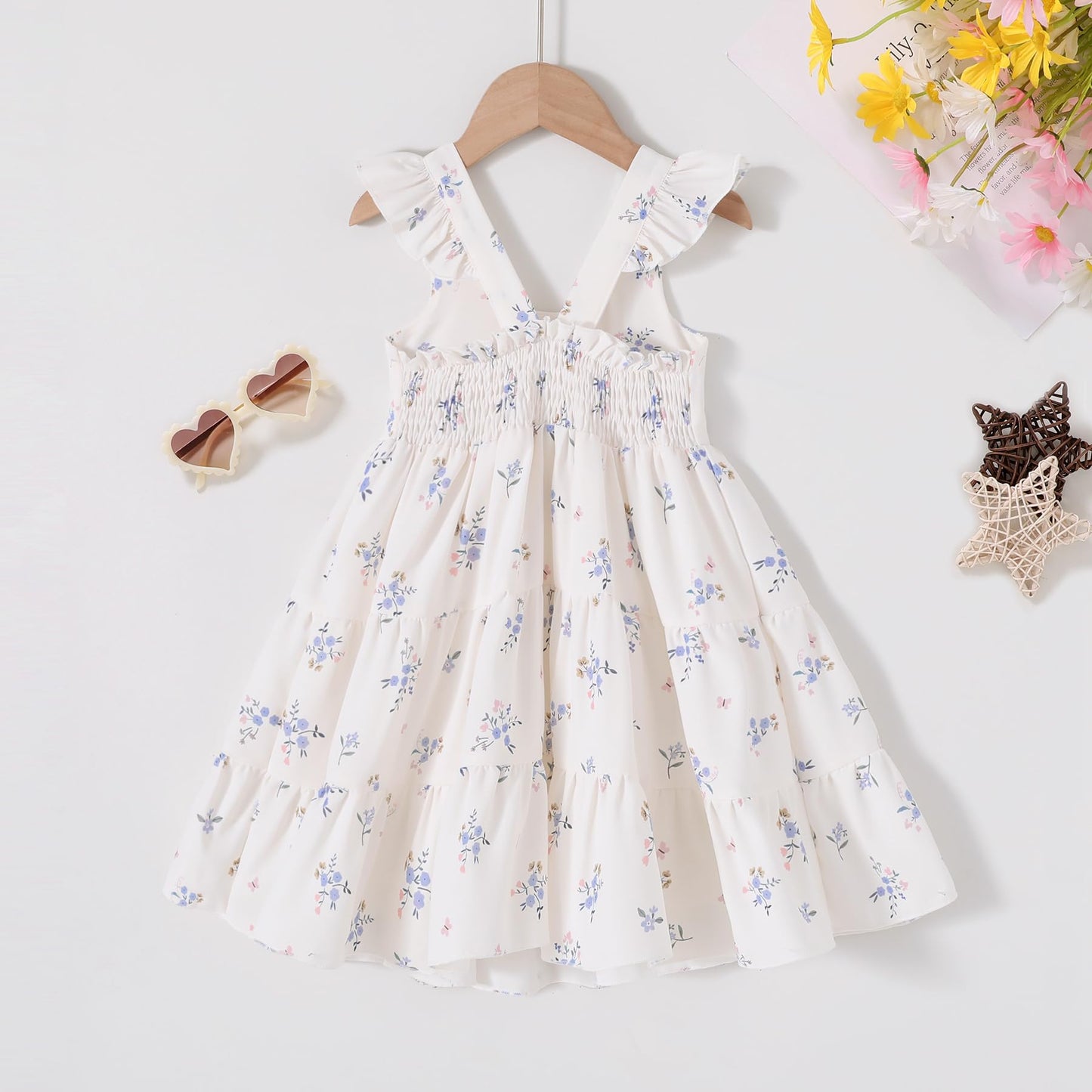 Younger Tree Toddler Baby Girl Dress Summer Outfits Flutter Sleeve Smocked Dress Kids Causal Boho Dresses Clothes (4-5T, Blue Fl