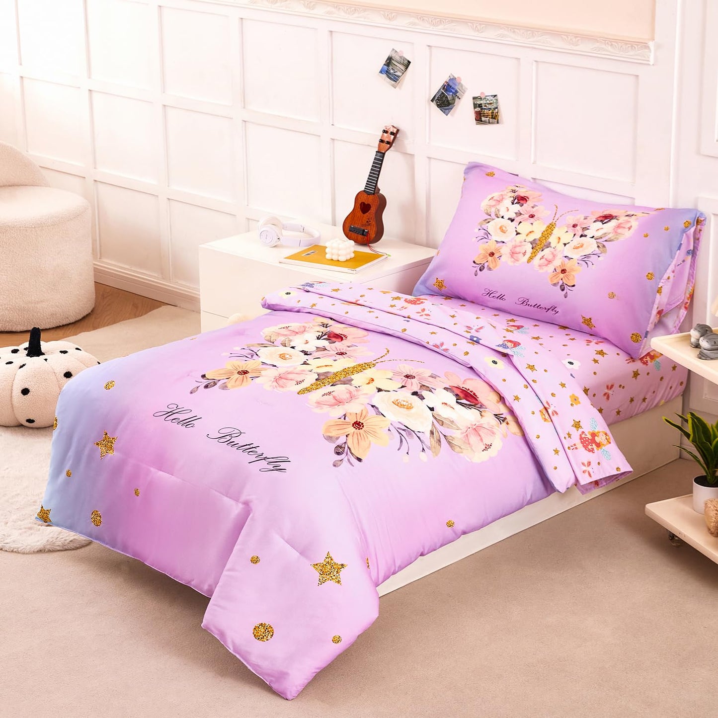 Perfemet Pink Girls Toddler Bedding Set 4 Piece Floral Butterfly Printed Toddler Comforter Set With Sheets Soft Lightweight Tie