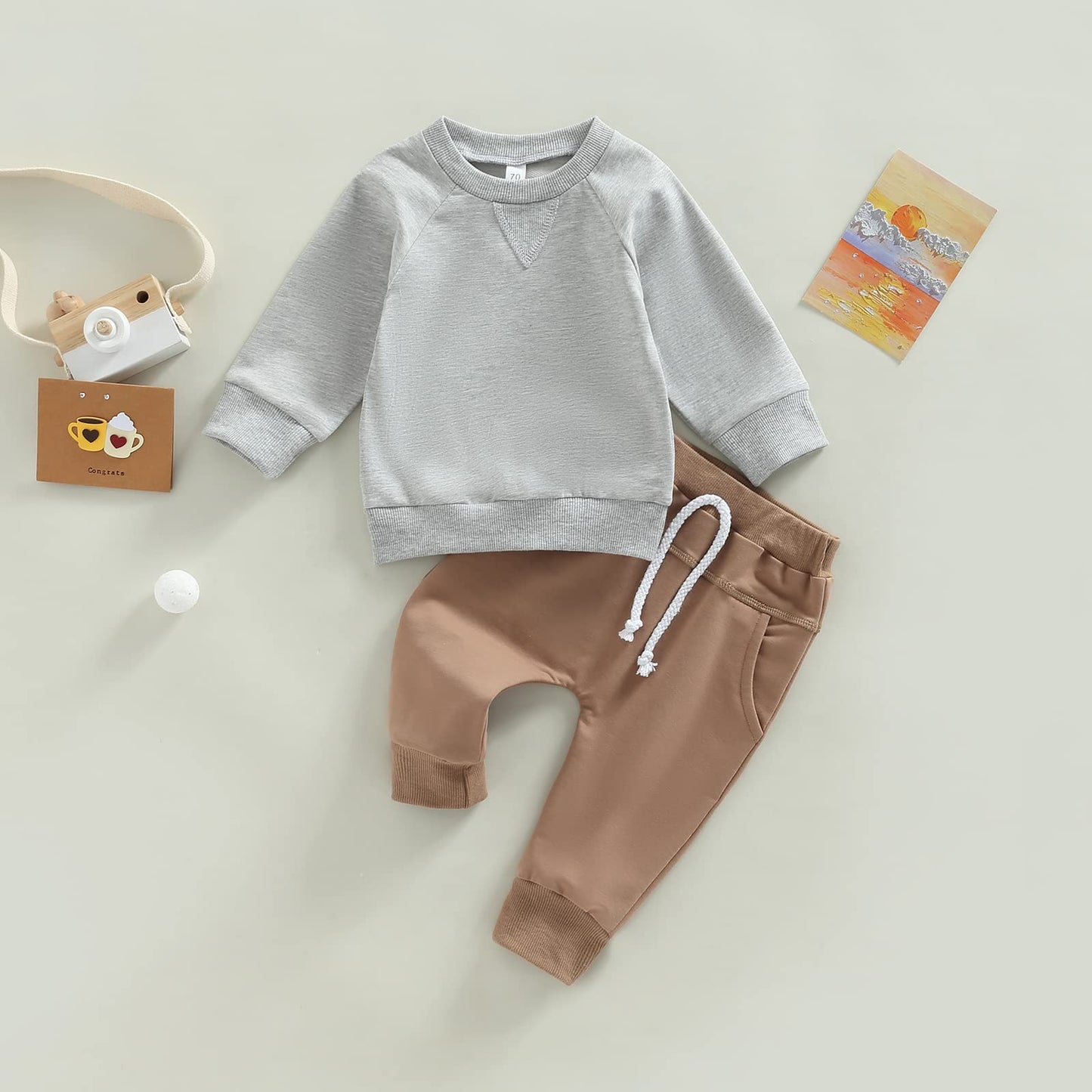 Toddler Baby Boy Clothes Set Solid Color Long Sleeve Crewneck Sweatshirt Top Casual Pants Set 2Pcs Fall Winter Outfits (Gray Cof