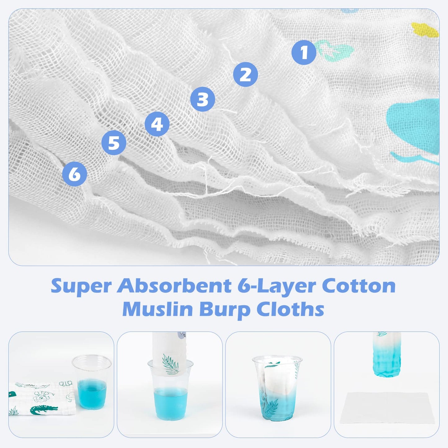 Maliton Muslin Baby Burp Cloths 6 Pack Large 20x10 100% Cotton Burp Rags Absorbent and Soft 6 Layers Muslin Cloth Baby Essen