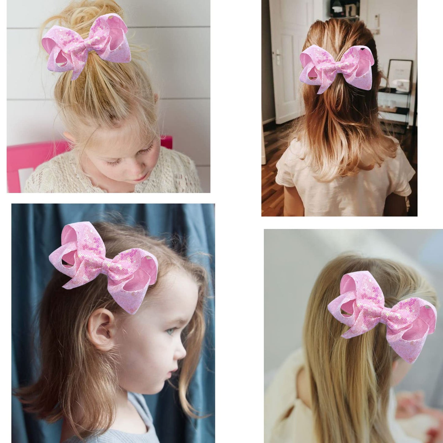 2Pcs Glitter Pink Bows For Girls 5Inchs Hand-Made Shiny Glitter Ribbon Hair Bows Alligator Clips Sparkle Sequins Hair Accessorie