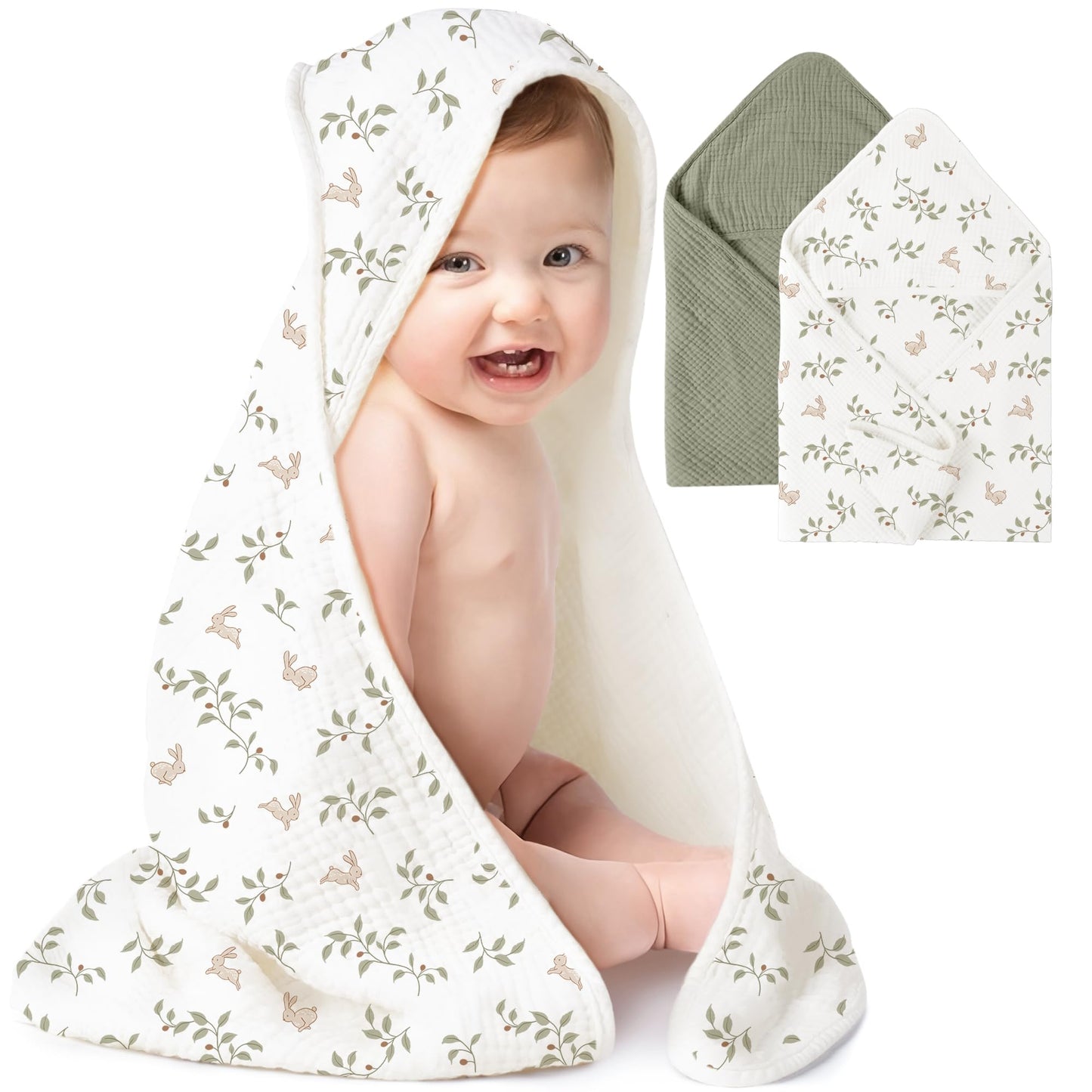 Konssy 2-Pack Muslin Hooded Baby Towels, 100% Cotton, Ultra-Soft & Absorbent Baby Bath Towels with Hood for Newborn & Infant (Fo