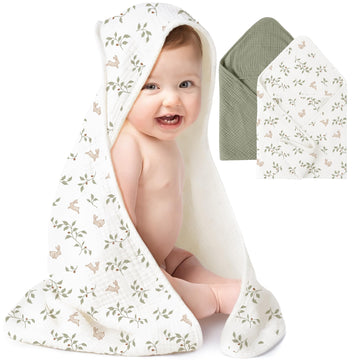 Konssy 2-Pack Muslin Hooded Baby Towels, 100% Cotton, Ultra-Soft & Absorbent Baby Bath Towels with Hood for Newborn & Infant (Fo