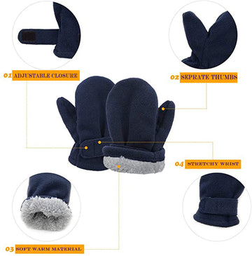 Baby Toddler Mittens Boys Girls Winter Outdoor Gloves Kids Easy-On Fleece Warm Mittens Black Blue Navy 3 Pairs M(1-2 Years)