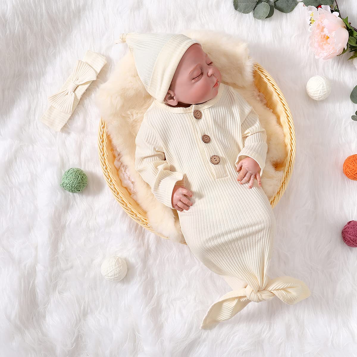 Morygooder Newborn Cotton Nightgowns Neutral Knotted Sleeper Baby Coming Home Outfit (White,0-6 Months)