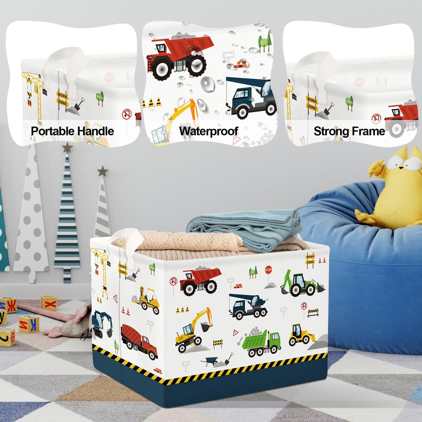 Clastyle Cartoon Construction Truck Shelf Basket Nursery Boy Room Car Decor Gift Basket Rectangle Bulldozer Excavator Basket Blu