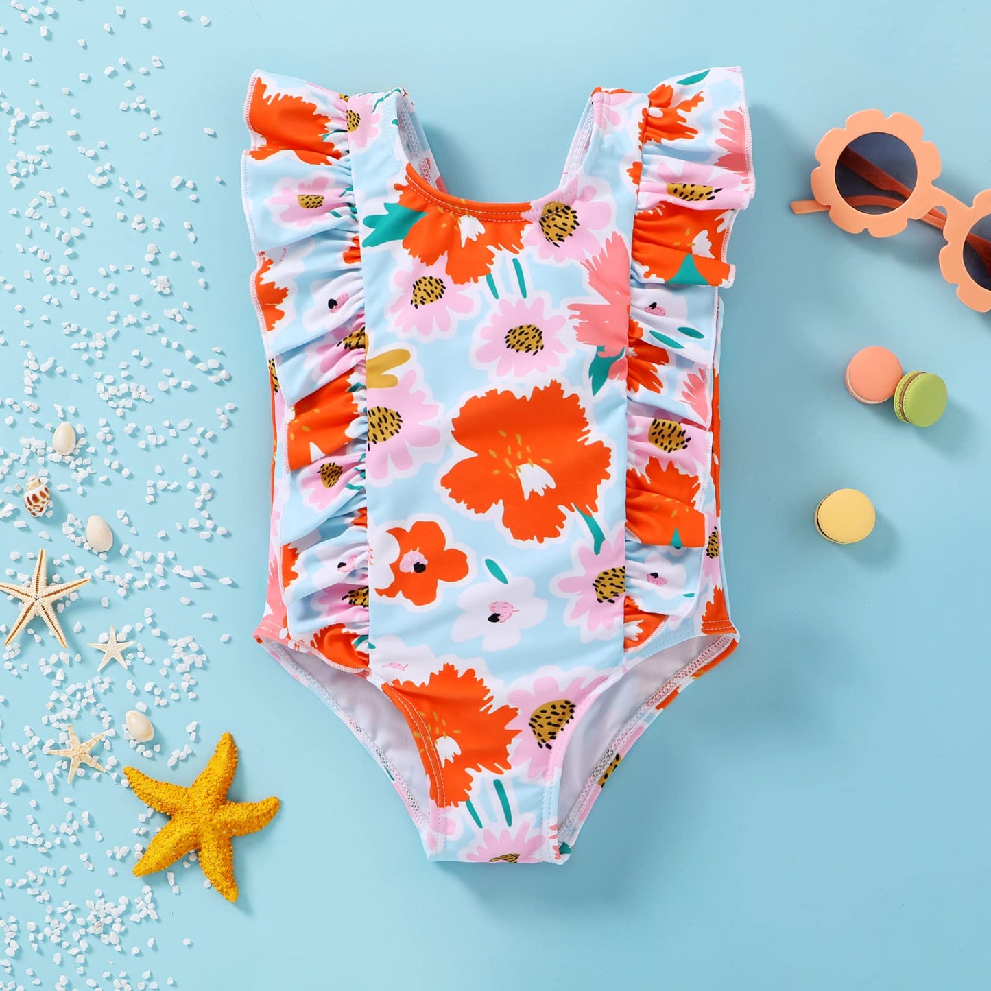 Newborn Baby Girl Ruffle Swimsuit Infant Toddler One Piece Floral Bikini Beach Bathing Swimwear Set (6-12 Months, Orange)