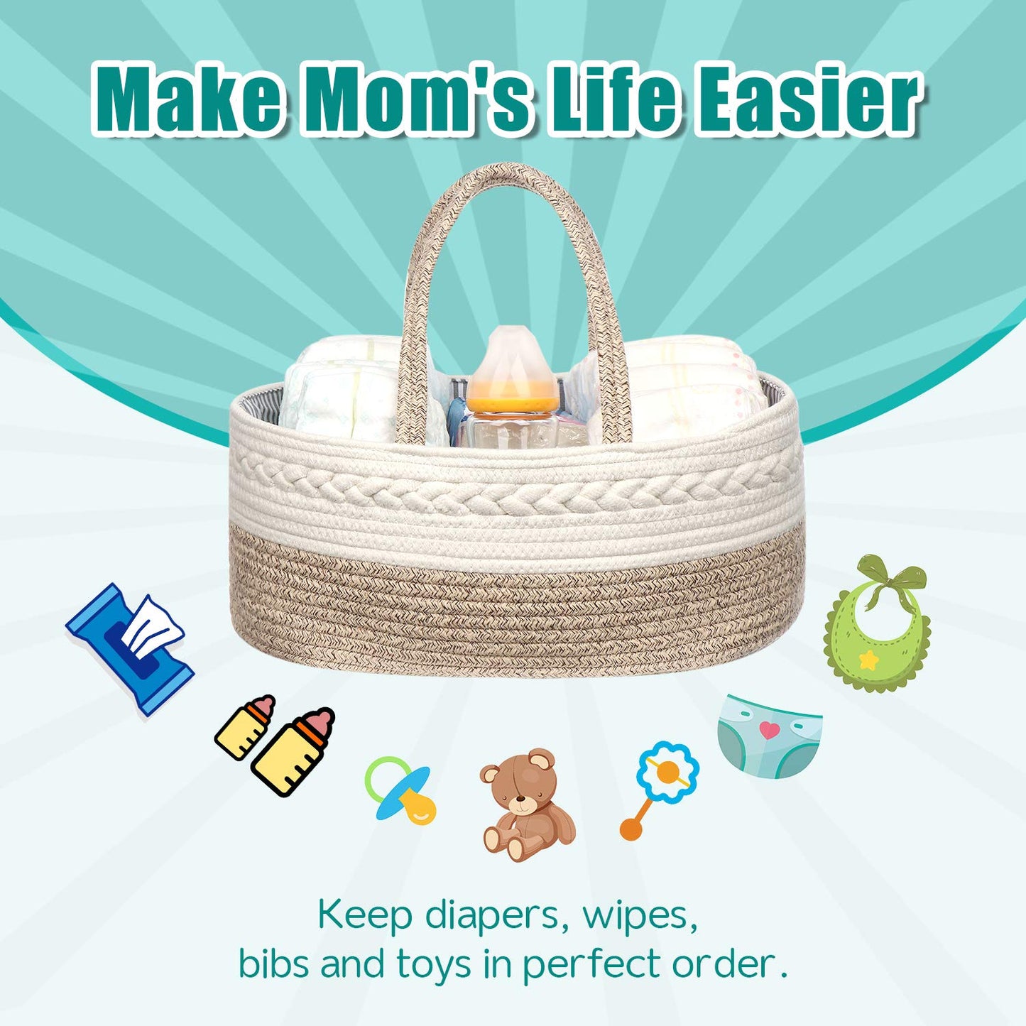 Maxgoods Baby Diaper Caddy Organizer -100% Cotton Baby Basket Bin With Removable Divider -Portable Tote Bag Storage Basket For B
