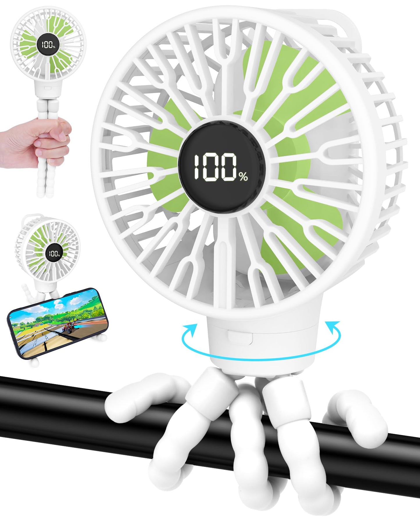 ECLIP Portable Stroller Fan, LED Display, 4 Speeds, Flexible Tripod Clip On Fan Blow Cold Air, 30dB Quiet Handheld Desk Cooling 
