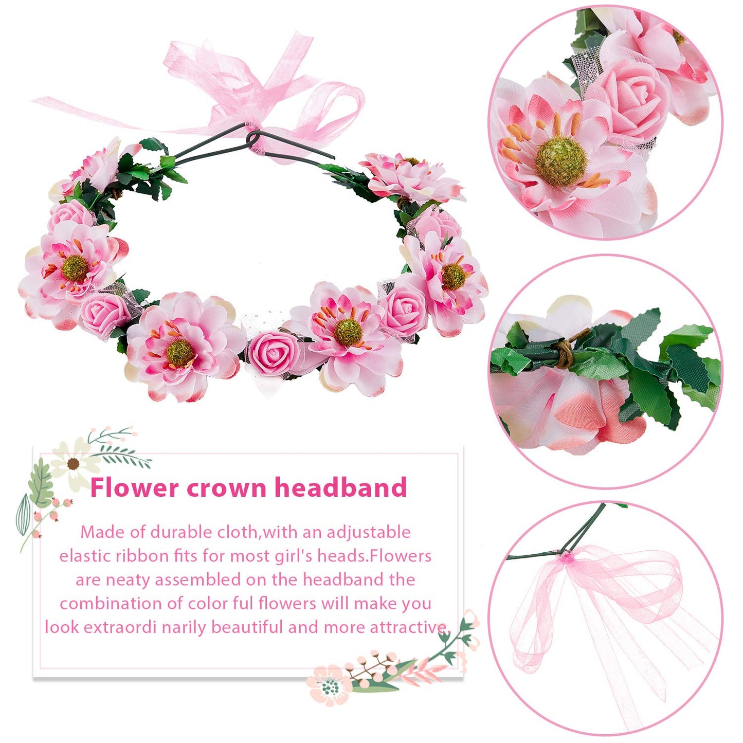 Willbond 3 Pcs Big Sister Accessory Set Big Sister Flower Crown Satin Sash Pin Big Sister Gifts For Baby Shower Party(Pink)