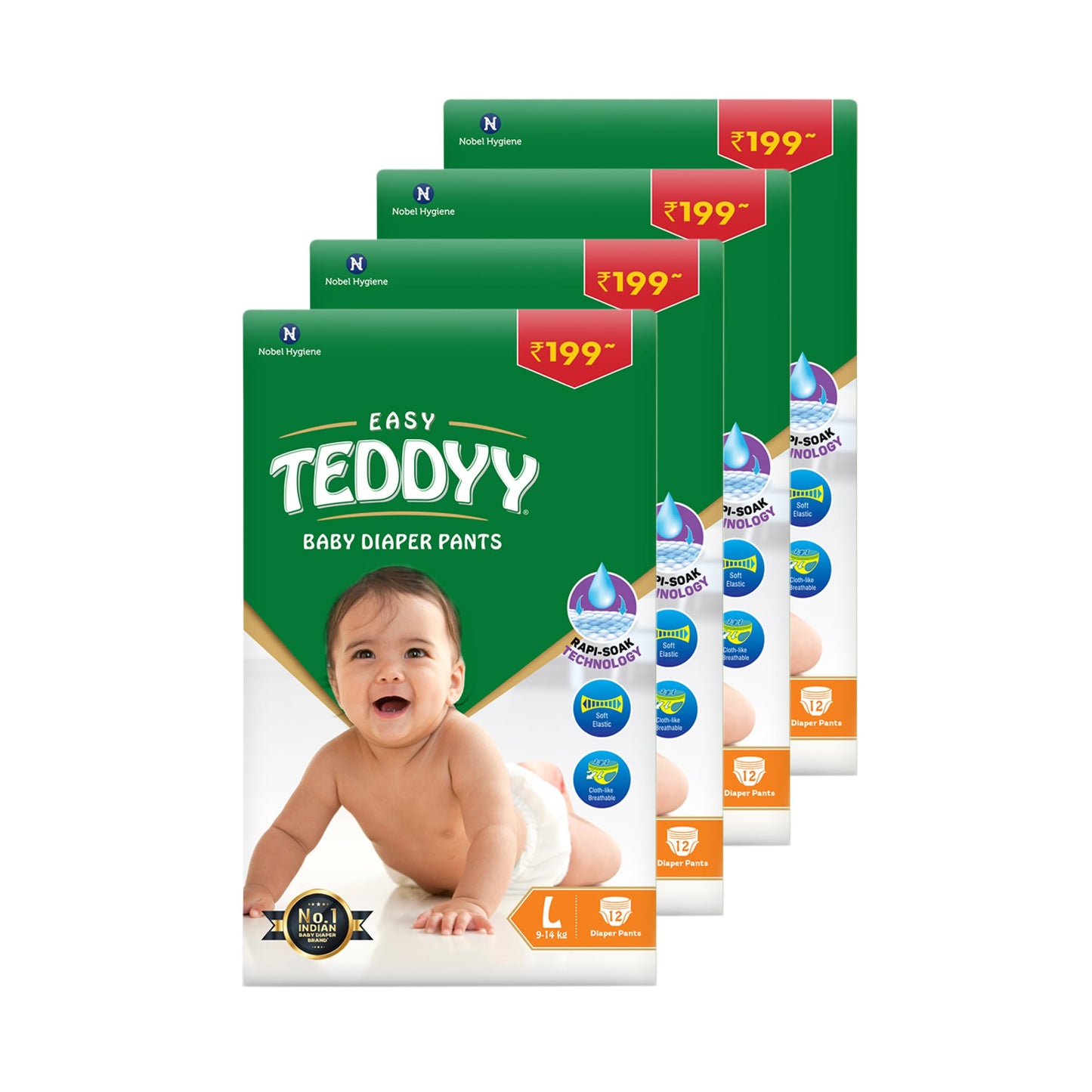 Teddyy Easy Baby L Size Diaper Pant Style| 48 Count (Large) | 914 Kg (Pack Of 4) | Long Protection Hours | AntiBacterial | Air