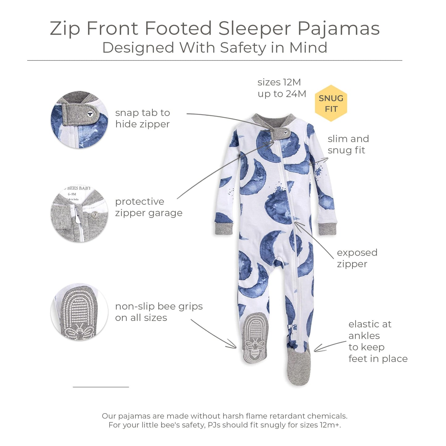Burt'S Bees Baby Baby Boys Pajamas, Zip-Front Non-Slip Footed Pjs, Organic Cotton And Toddler Sleepers, Indigo Hello Moon, 12 Mo