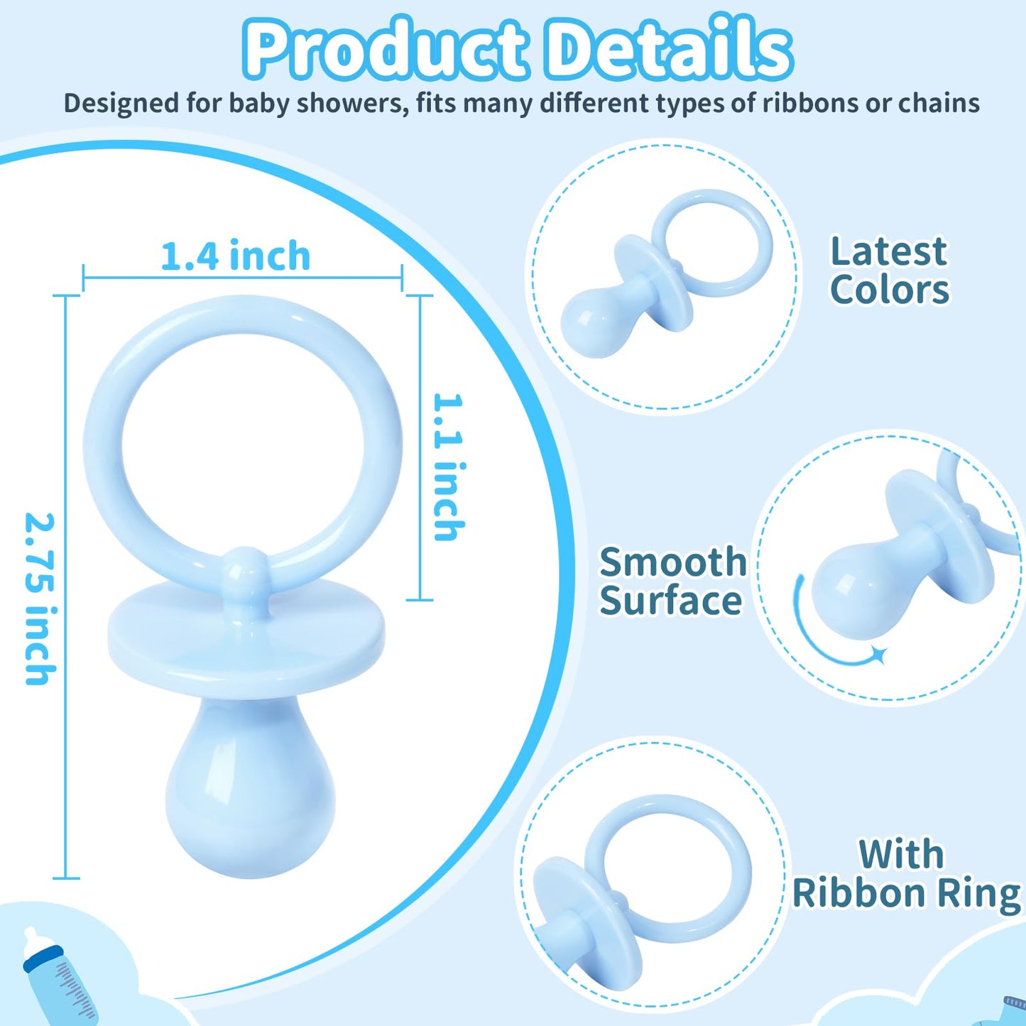 50 Pacifiers For Baby Shower Game Boy, 2.75 Plastic Pacifiers Baby Shower Game, Bulk Baby Shower Pacifiers For Gender Reveal Bab