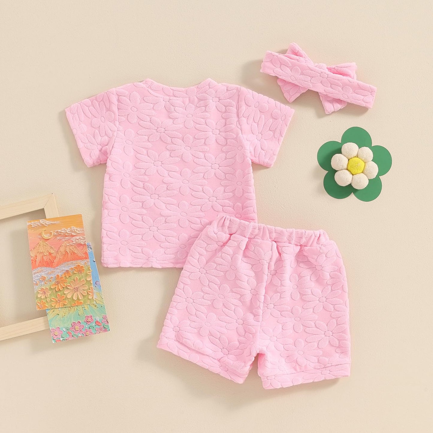 Toddler Baby Girls Daisy Chenille Patch Outfit Short Sleeve T-Shirt Shorts Headband 3Pcs Summer Clothes Set (Pink, 18-24 Months)