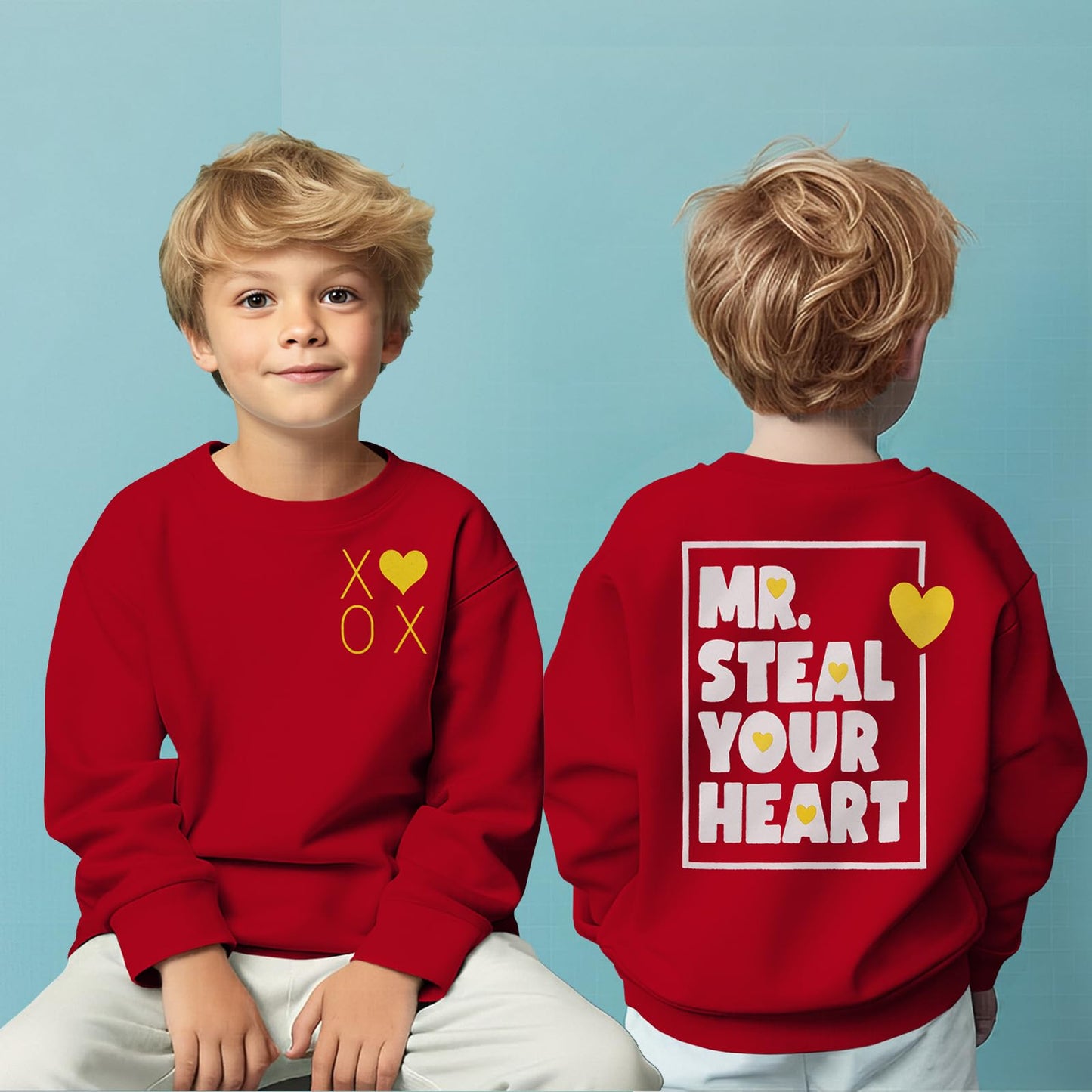 Modntoga Toddler Baby Boy Valentines Day Sweatshirt Mr Steal Your Heart Graphic Shirt Long Sleeve Funny Letter Pullover Tops (Re