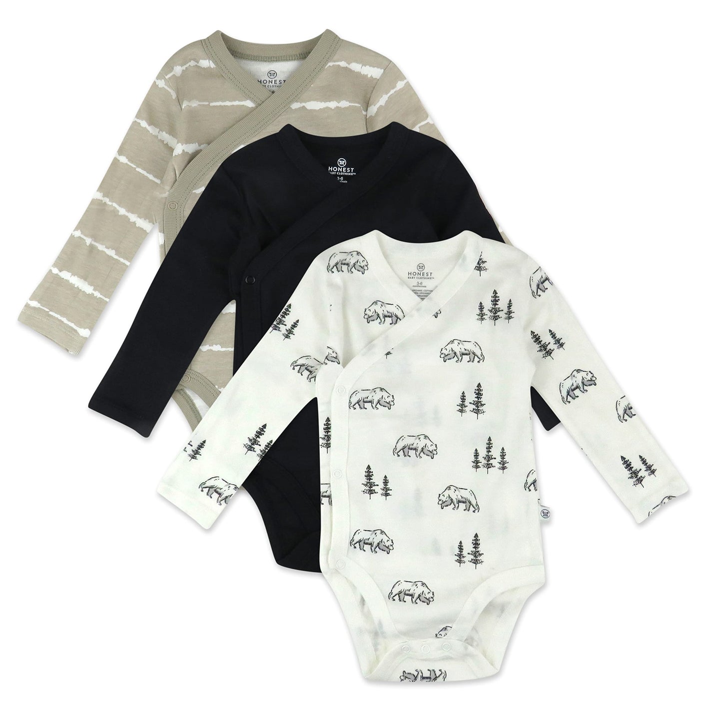Honestbaby Baby 3-Pack Organic Cotton Long Sleeve Side-Snap Kimono Bodysuits, Bear White, 0-3 Months