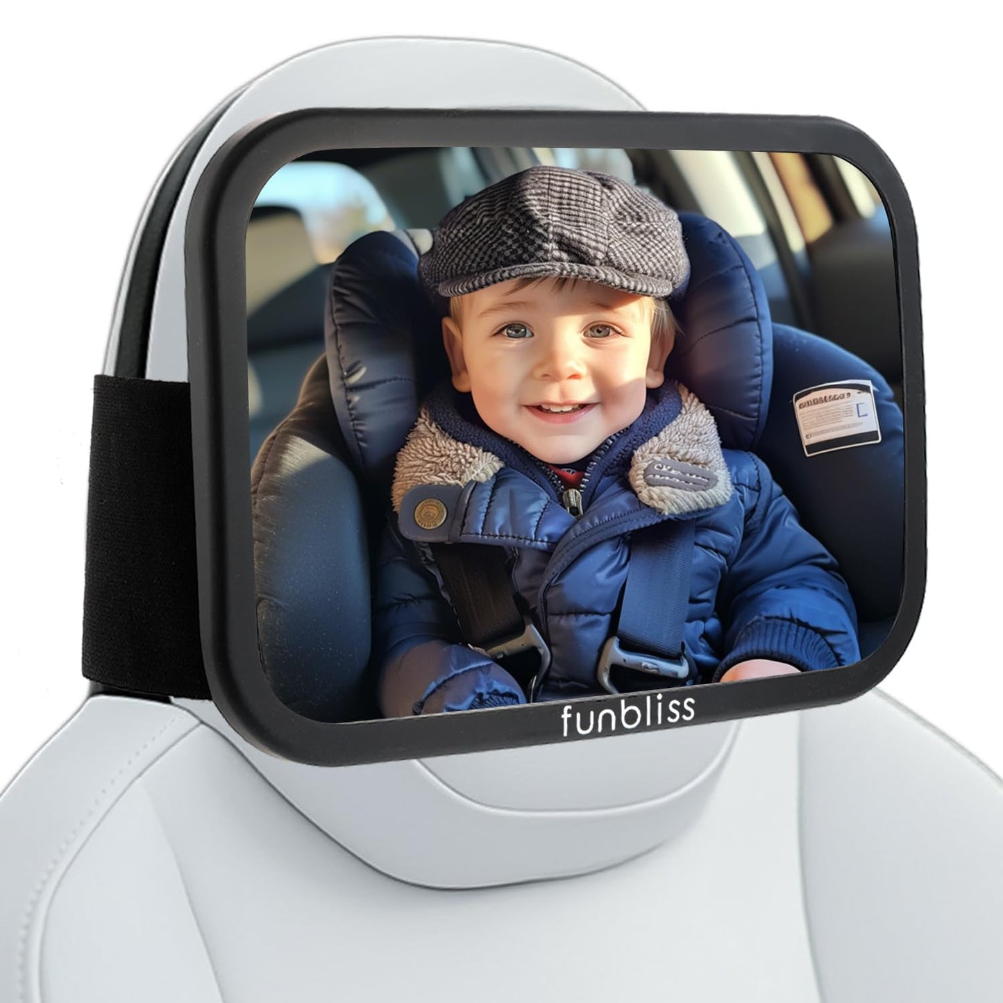 Funbliss Fixed Headrest Baby Car Mirror, Car Mirror for Baby Compatible with Tesla and other vehicles,360 Rotation, Shatterproof