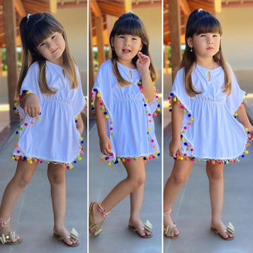 Tiacham Toddler Baby Girls Swimsuit Coverup Beach Dresses Tassels Cover Up Pompom Poncho Rash Guards (White, 2-3T)