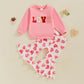 Dcohmch Toddler Girl Valentines Day Outfit Letter Embroider Sweatshirt Shirt Heart Pants Baby Girls Spring Clothes (Pink, 6-12 M