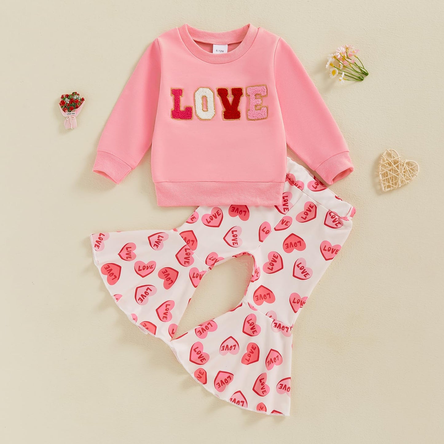 Dcohmch Toddler Girl Valentines Day Outfit Letter Embroider Sweatshirt Shirt Heart Pants Baby Girls Spring Clothes (Pink, 6-12 M