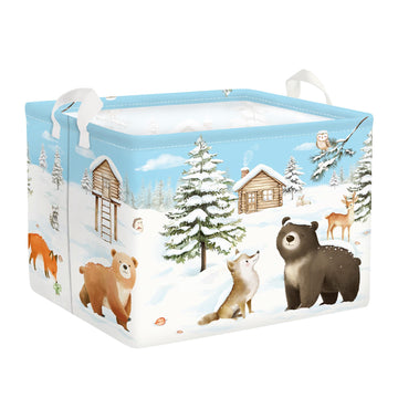HUUMONSS Winter Forest Animals Christmas Gift Basket Bear Fox Owl Squirrel Shelf Toy Storage Box Collapsible Baby Nursery Hamper