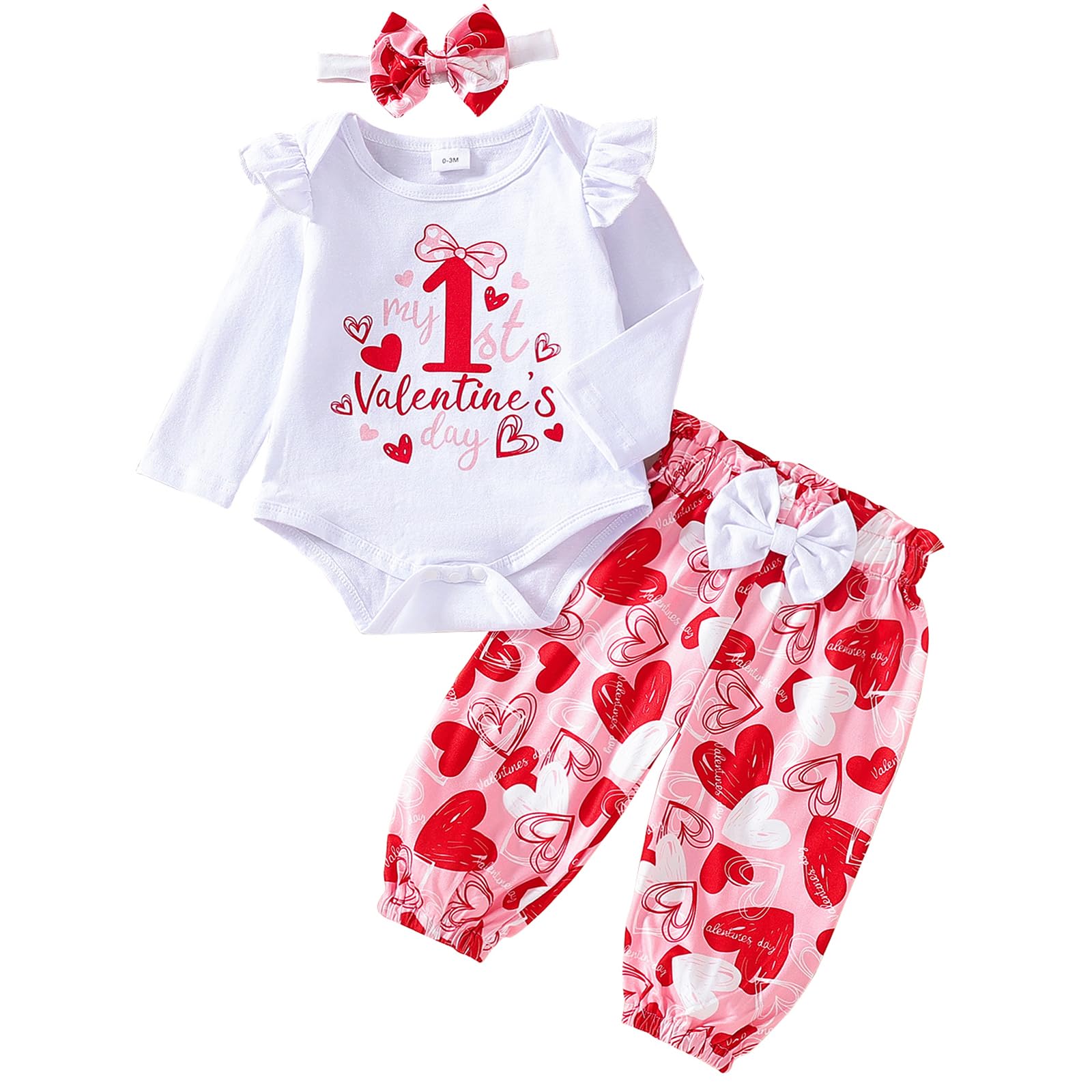 Wynato Newborn Infant Baby Girl My First Valentines Day Outfit Long Sleeve Onesie Romper Love Heart Print Pants And Headband (Pi