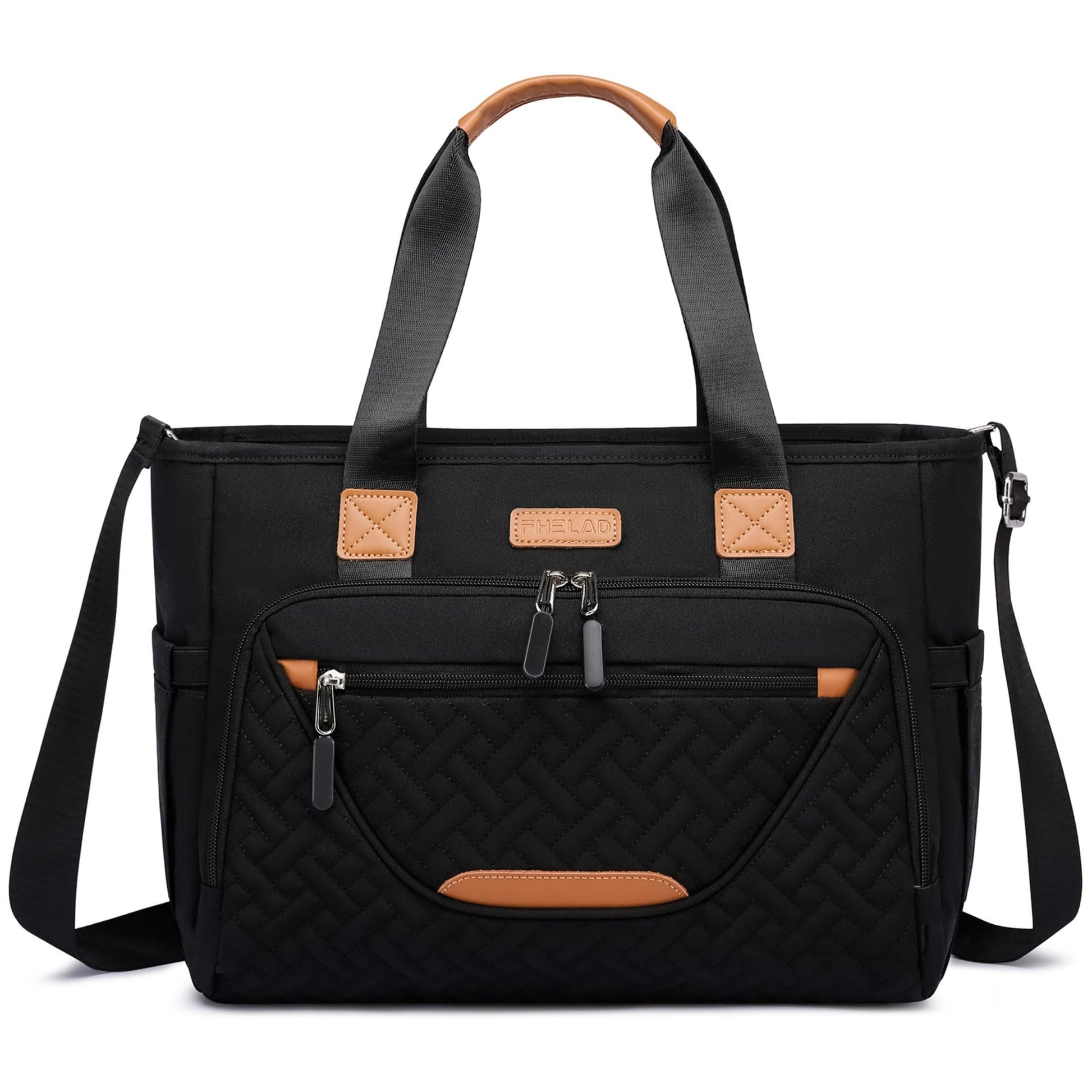 Fhelad Diaper Bag Tote Bag, Large Tote Diaper Bag With 16 Inch Laptop Compartment, Crossbody Toddler Diaper Bag For Mom (Black)