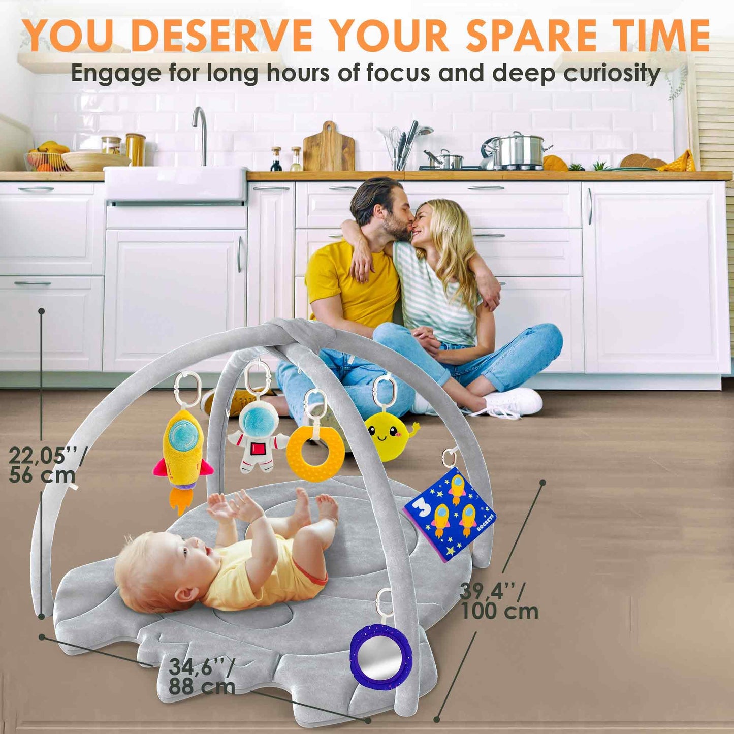 Quokka Baby Play Gym Xl - Rocket-Shaped Baby Play Mat With 6 Large Sensory Toys - Tummy Time Mat For Infant Development - Machin