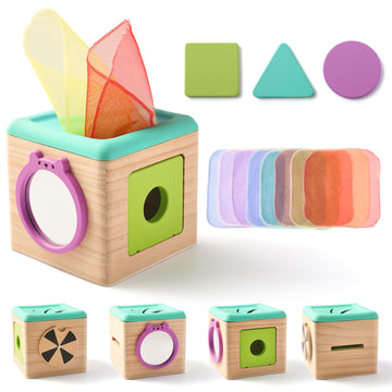 Youuys Wooden Baby Tissue Box Toy - Montessori Tissue Box Toy for Babies 12 Months with 3 Shape Blocks & 8 Silk Paper, Baby Boy 