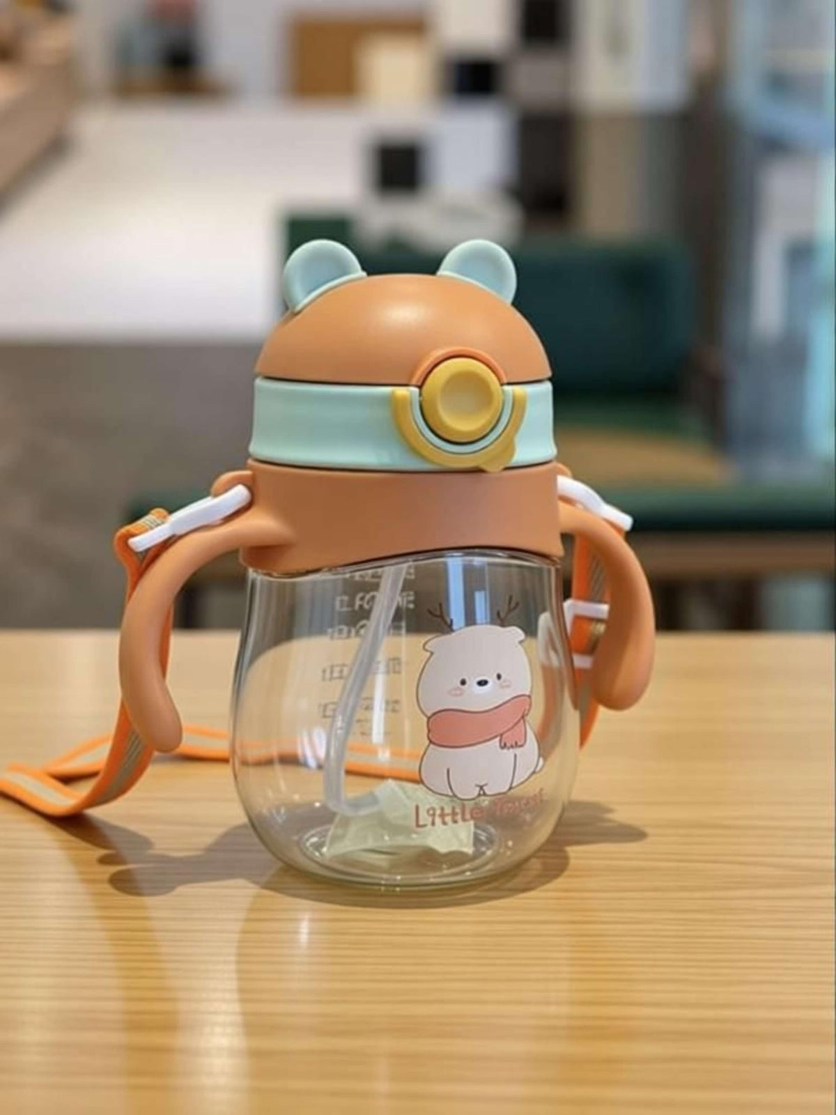 Kids Bear Sippy Cup with Straw, Handles and Shoulder Strap,pack of 1