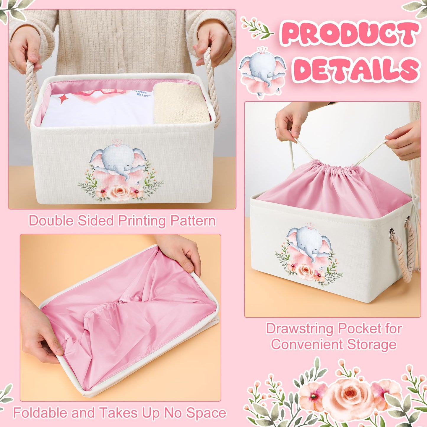 Pickmesh Rectangular Baby Storage Basket With Gift Bags And Ribbons, Baby Shower Storage Collapse Bin With Handles Diy Gift Bask