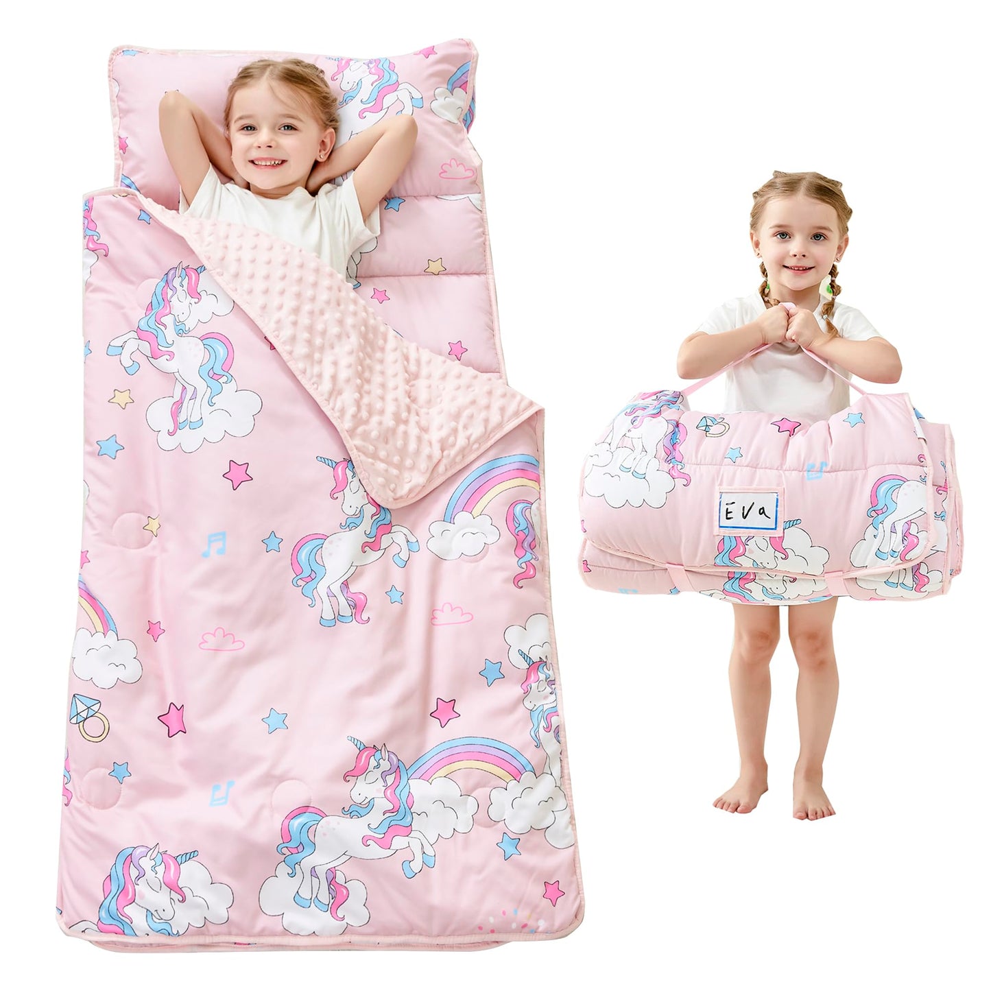Lasoftan Toddler Nap Mat with Pillow and Blanket, Extra Large Rolled Napping Mats, Toddler Nap Mat for Boys Girls,Kids Sleeping 