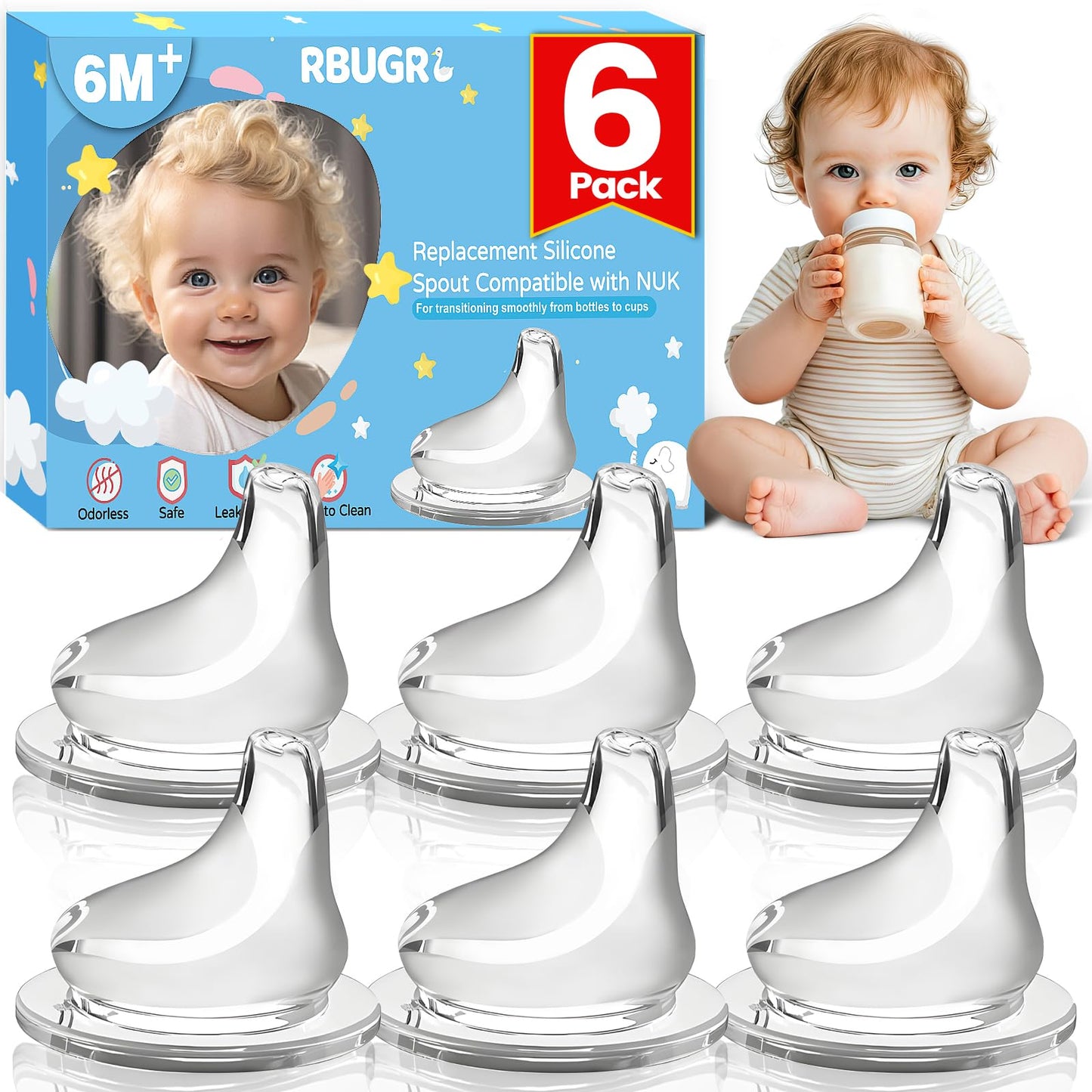 RBUGR 6 Pack Replacement Silicone Spout Compatible with NUK Active and Learner Cups, Sippy Cup Nipple for NUK Sippy Cup & Learne